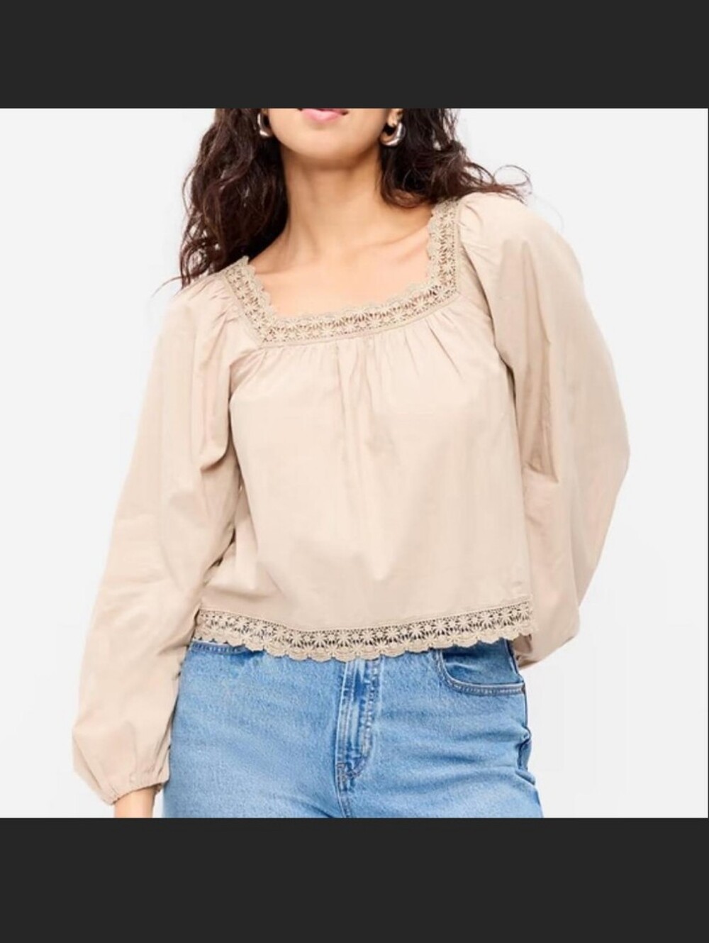 Square-Neck Crochet Trim Long-Sleeve Top - Beige